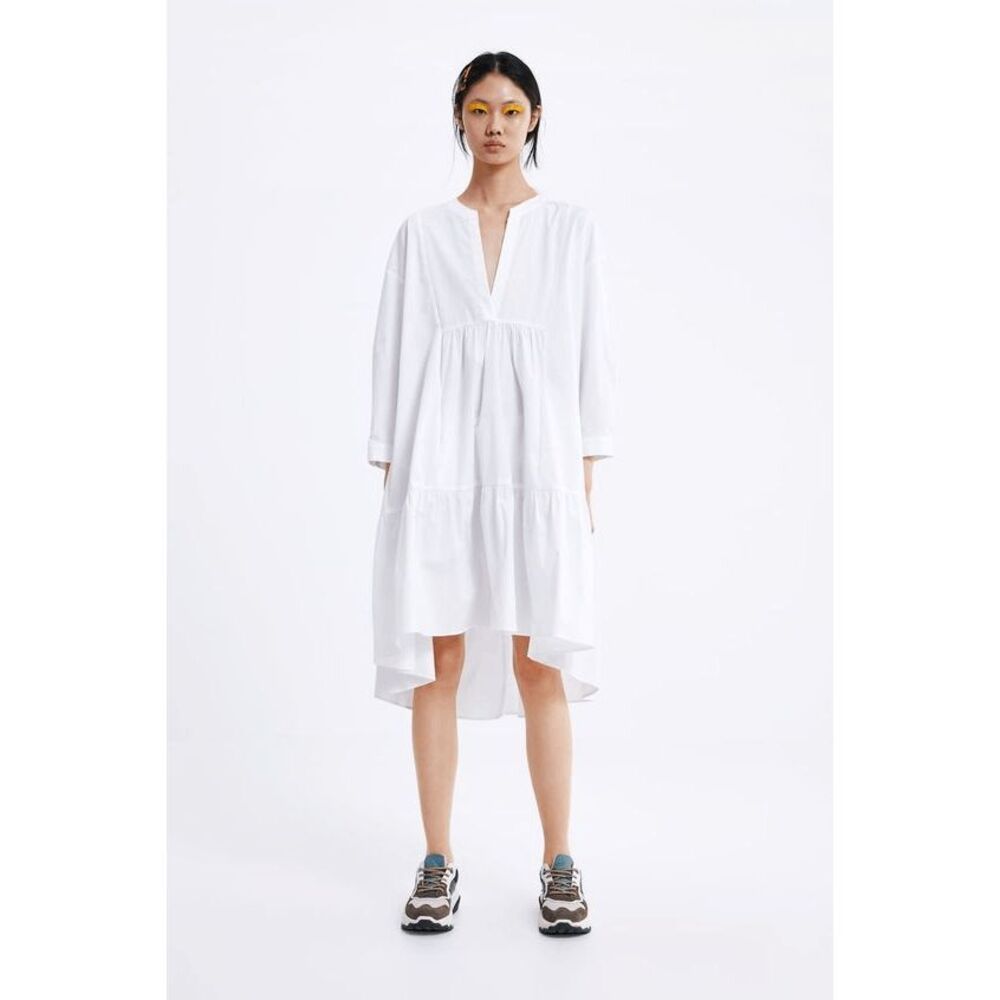 Zara Womens High Low Midi Dress Size XS White V Neck Tiered Long Sleeve Boho